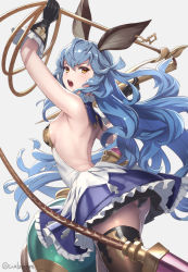 Rule 34 | 1girl, animal ears, arms up, backless dress, backless outfit, bare shoulders, black panties, blue hair, breasts, commentary request, cowboy shot, cuboon, dress, earrings, erune, ferry (granblue fantasy), from side, gloves, granblue fantasy, grey background, jewelry, long hair, looking back, open mouth, panties, short dress, sideboob, simple background, small breasts, solo, thighhighs, underwear, upskirt, very long hair, whip, yellow eyes