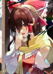 Rule 34 | 1girl, :d, absurdres, ascot, blush, bow, branch, brown eyes, brown hair, commentary, detached sleeves, eyes visible through hair, frilled bow, frilled hair tubes, frills, hair between eyes, hair bow, hair tubes, hakurei reimu, hand up, highres, looking at viewer, open mouth, red bow, red vest, sakuhara kaka, scarf, sidelocks, smile, solo, touhou, upper body, vest, white sleeves, wide sleeves, yellow ascot, yellow scarf