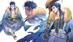 Rule 34 | 1boy, abs, absurdres, armor, belt, black gloves, blood, blood on face, blue capelet, blue hair, blue hood, blush, book, bracelet, capelet, closed mouth, commentary request, cu chulainn (caster) (fate), cu chulainn (fate), earrings, fate/grand order, fate (series), fingerless gloves, fur-trimmed hood, fur trim, gloves, gold trim, greaves, harem pants, highres, holding, holding book, hood, hood down, hooded capelet, jewelry, kuzen, long hair, looking at viewer, looking away, looking back, male focus, multiple earrings, multiple piercings, multiple views, no shirt, open mouth, pants, reading, red eyes, simple background, smile, smoke, smoking, spiked hair, staff, toeless footwear, toned, toned male, vambraces, weapon, white background, white belt, wooden staff
