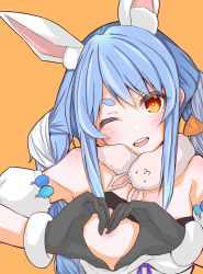 Rule 34 | 1girl, animal ear fluff, animal ears, arm cuffs, black gloves, black leotard, blue hair, blush, braid, breasts, dress, food-themed hair ornament, fur-trimmed gloves, fur scarf, fur trim, gloves, hair ornament, head tilt, heart, heart hands, highres, hololive, kokechan, leotard, light blue hair, long hair, looking at viewer, medium breasts, nipples, off-shoulder dress, off shoulder, one breast out, one eye closed, open mouth, orange background, playboy bunny, rabbit ears, red eyes, simple background, smile, solo, symbol-shaped pupils, thick eyebrows, twin braids, twintails, upper body, usada pekora, usada pekora (1st costume), virtual youtuber, white dress, white hair