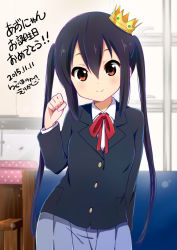 Rule 34 | 1girl, black hair, blazer, blush, brown eyes, crown, k-on!, long hair, looking at viewer, mini crown, nakano azusa, official style, paw pose, ragho no erika, school uniform, solo, twintails
