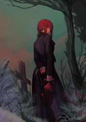 Rule 34 | 1girl, absurdres, braid, braided ponytail, breasts, bush, business suit, chainsaw, chainsaw man, formal, high-waist pants, highres, holding, lc.kid, long coat, long hair, long sleeves, looking at viewer, makima (chainsaw man), medium breasts, neckwear request, pants, red hair, ringed eyes, shirt, shirt tucked in, sidelocks, sky, smile, solo, suit, tree