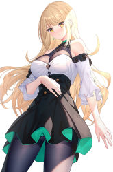 Rule 34 | 1girl, bare shoulders, black pantyhose, black skirt, blonde hair, blush, breasts, buttons, detached sleeves, earrings, high-waist skirt, highres, jewelry, large breasts, long hair, long sleeves, looking at viewer, mythra (xenoblade), pantyhose, ririko (zhuoyandesailaer), simple background, skirt, solo, swept bangs, thighs, white background, white skirt, xenoblade chronicles (series), xenoblade chronicles 2, yellow eyes