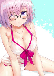 Rule 34 | 1girl, :o, absurdres, bad id, bad pixiv id, bikini, black-framed eyewear, blush, bow, breasts, cleavage, collarbone, dombear, dress swimsuit, fate/grand order, fate (series), glasses, hair over one eye, highres, large breasts, light purple hair, looking at viewer, mash kyrielight, mash kyrielight (swimsuit of perpetual summer), official alternate costume, open mouth, pink bow, purple eyes, see-through, shiny skin, short hair, simple background, sitting, solo, sweatdrop, swimsuit, upper body, wet, wet clothes, white bikini