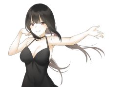 Rule 34 | 1girl, aemu (august life), arm up, black hair, blunt bangs, blush, breasts, brown eyes, cleavage, floating hair, hand up, large breasts, long hair, looking at viewer, mole, mole under eye, original, outstretched arm, parted lips, simple background, smile, upper body, white background