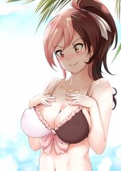 Rule 34 | 1girl, bikini, blue sky, blurry, blurry background, blush, breasts, brown eyes, brown hair, cleavage, collarbone, covered erect nipples, day, frilled bikini, frills, highres, large breasts, long hair, multicolored hair, neo politan, nonoririn, pink hair, ponytail, rwby, sky, smile, solo, split-color hair, swimsuit, tree, two-tone hair, upper body, water