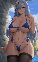 Rule 34 | 1girl, alternate costume, bikini, black thighhighs, blue bikini, blush, breasts, cameltoe, cleavage, cleft of venus, closed mouth, collarbone, commentary, cowboy shot, english commentary, genshin impact, gluteal fold, green eyes, grey hair, hair ornament, hand up, highres, large breasts, long hair, looking at viewer, navel, outdoors, shenhe (genshin impact), side-tie bikini bottom, skindentation, smile, solo, swimsuit, thigh gap, thighhighs, thighs, underboob, zaphn