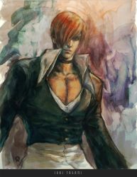 Rule 34 | 1boy, character name, fundoshi (tofupoid), hair over one eye, male focus, pectoral cleavage, pectorals, realistic, red hair, short hair, snk, solo, the king of fighters, yagami iori