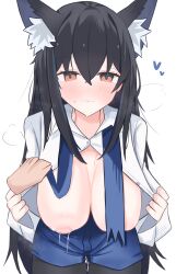 Rule 34 | 1girl, absurdres, animal ear fluff, animal ears, arknights, black hair, black pantyhose, blue skirt, blush, breasts, closed mouth, disembodied hand, hair between eyes, hanging breasts, heart, highres, inverted nipples, lactation, large breasts, lifting another&#039;s clothes, long hair, looking at viewer, nui (nuinui0300), pantyhose, red eyes, shirt, simple background, skirt, solo focus, texas (arknights), texas the omertosa (arknights), white background, white shirt