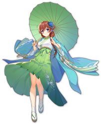 Rule 34 | 1girl, artist request, blue eyes, blue flower, blue rose, braid, braided ponytail, floral print, flower, game cg, hair flower, hair ornament, highres, holding, holding umbrella, japanese clothes, looking at viewer, mahjong soul, official art, oil-paper umbrella, qingkuniang, rose, sandals, side ponytail, simple background, smile, socks, solo, third-party source, transparent background, umbrella, yostar