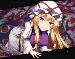 Rule 34 | 1girl, blush, breasts, closed mouth, commentary request, gap (touhou), glitch, hair ribbon, hat, hat ribbon, highres, large breasts, long hair, long sleeves, looking at viewer, mob cap, purple eyes, red ribbon, ribbon, smile, solo, tabard, touhou, tress ribbon, white hat, wide sleeves, yakumo yukari, yosshy