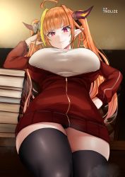 Rule 34 | 1girl, black thighhighs, blunt bangs, blush, bow, breasts, diagonal-striped bow, dragon girl, dragon horns, from below, hair intakes, hand on own hip, highres, hololive, horns, kiryu coco, kiryu coco (loungewear), large breasts, long hair, long sleeves, looking at viewer, official alternate costume, orange hair, pixiv username, pointy ears, purple eyes, smile, thighhighs, tnolize, virtual youtuber