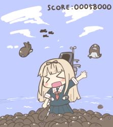Rule 34 | &gt; &lt;, 10s, 1girl, abyssal ship, aircraft, airplane, blonde hair, blue eyes, blush stickers, closed eyes, hair ribbon, i-class destroyer, inishie, kantai collection, long hair, machinery, open mouth, ribbon, solo, yuudachi (kancolle)