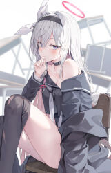 Rule 34 | 1girl, black choker, black coat, black eyes, black hairband, black pantyhose, black sailor collar, black serafuku, black shirt, black skirt, blue archive, blush, bow, braid, breasts, choker, closed mouth, clothes pull, coat, colored inner hair, desk, expressionless, feet out of frame, grey hair, hair bow, hair over one eye, hairband, halo, hand on own chin, highres, huwari (dnwls3010), knees up, long hair, long sleeves, looking at viewer, multicolored hair, neckerchief, off shoulder, on chair, open clothes, open coat, pantyhose, pantyhose pull, pink hair, plana (blue archive), red halo, red pupils, sailor collar, school desk, school uniform, serafuku, shirt, side braid, sitting, skirt, small breasts, solo, stroking own chin, thighs, torn clothes, torn pantyhose, very long hair, white bow, white neckerchief