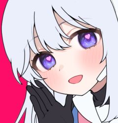 Rule 34 | 13 (spice!!), 1girl, black gloves, blue archive, blue hair, blush, close-up, commentary request, earpiece, gloves, hair between eyes, hand up, heart, heart-shaped pupils, light blue hair, miyako (blue archive), open mouth, pink background, purple eyes, simple background, smile, solo, symbol-shaped pupils, turtleneck, upper body
