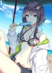 Rule 34 | 1girl, :o, bare shoulders, beach umbrella, bikini, black bikini, black hair, black shorts, blue sky, breasts, breasts apart, cloud, collarbone, commentary request, day, food, green eyes, green nails, halterneck, hand up, hayakawa (hayakawa illust), highres, holding, holding food, jacket, lens flare, long hair, long sleeves, looking at viewer, nail polish, navel, off shoulder, open clothes, open fly, open jacket, original, outdoors, parted lips, popsicle, short shorts, shorts, sitting, sky, small breasts, solo, stomach, striped bikini, striped clothes, swimsuit, thighs, umbrella, wet, white jacket