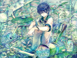 Rule 34 | 1boy, black hair, goggles, goggles around neck, irorico, male focus, original, industrial pipe, plant, smile, solo, tank (container), water
