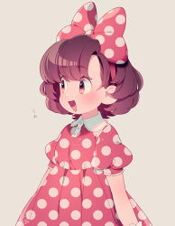 Rule 34 | 1girl, bow, brown eyes, brown hair, disney, dress, hair bow, hairband, humanization, kiri futoshi, looking to the side, minnie mouse, open mouth, personification, polka dot, polka dot dress, puffy short sleeves, puffy sleeves, short sleeves, signature, simple background, smile, solo, upper body