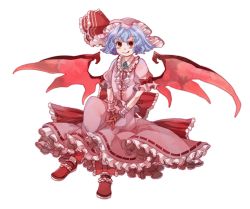 Rule 34 | 1girl, bad id, bad pixiv id, bat wings, blue hair, blush, chachi, chachi (azuzu), female focus, full body, gloves, hat, highres, looking at viewer, puffy short sleeves, puffy sleeves, red eyes, remilia scarlet, shoes, short hair, short sleeves, solo, spikes, touhou, transparent background, vampire, wings