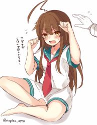 Rule 34 | 10s, 1girl, admiral (kancolle), ahoge, bad id, bad twitter id, barefoot, blush, brown eyes, brown hair, flying sweatdrops, gloves, indian style, kantai collection, kuma (kancolle), long hair, necktie, one-hour drawing challenge, open mouth, red necktie, school uniform, serafuku, shiromikan, short sleeves, shorts, sidelocks, sitting, solo focus, sweat, translation request, twitter username, white background, white gloves