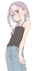Rule 34 | 1girl, absurdres, black camisole, blue pants, brown eyes, camisole, closed mouth, commentary request, flat chest, hair between eyes, hair ornament, hair over shoulder, hair scrunchie, highres, looking at viewer, pants, ponytail, purple hair, red scrunchie, scrunchie, simple background, sleeveless, smile, solo, soredemo ayumu wa yosetekuru, standing, white background, yamamoto souichirou, yaotome urushi