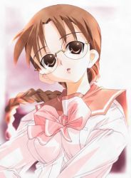 Rule 34 | 1girl, :o, bow, bowtie, braid, brown eyes, glasses, hoshina tomoko, long hair, long sleeves, parted lips, pink bow, sailor collar, shirt, single braid, solo, sunlight, to heart, to heart (series), upper body, white shirt