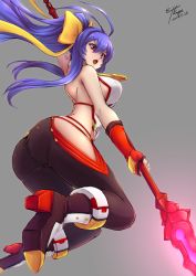 Rule 34 | 1girl, antenna hair, arc system works, ass, attack, bare shoulders, blazblue, blazblue: central fiction, blazblue variable heart, blue hair, boots, breasts, eltnage, fingerless gloves, frown, genderswap, genderswap (mtf), gloves, hair ribbon, large breasts, long hair, looking down, mai natsume, open mouth, outseal, pants, polearm, ponytail, ribbon, shiny clothes, shiny skin, sideboob, solo, spear, tight clothes, tight pants, weapon
