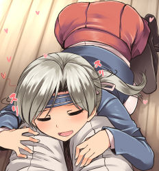 Rule 34 | 10s, 1girl, aaru (tenrake chaya), black pantyhose, blush, chitose (kancolle), closed eyes, commentary request, from above, grey hair, headband, heart, highres, kantai collection, kneeling, long hair, pantyhose, ponytail, pov, solo focus