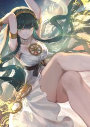 Rule 34 | 1girl, arms up, blunt bangs, blush, bracelet, breasts, choker, cleopatra (fate), cleopatra (third ascension) (fate), collar, crossed legs, earrings, fate/grand order, fate (series), floating hair, green eyes, green hair, hairband, highres, hoop earrings, jewelry, large breasts, long hair, looking at viewer, mashuu (neko no oyashiro), necklace, ring, shorts, sidelocks, sitting, smile, solo, very long hair
