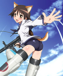 Rule 34 | 00s, 1girl, animal ears, ass, ass focus, blush, brown hair, female focus, fox ears, fox tail, gun, happy, looking at viewer, looking back, machine pistol, md5 mismatch, miyafuji yoshika, norizou, norizou type-r, open mouth, outdoors, panties, resolution mismatch, shiny skin, short hair, sky, solo, solo focus, source larger, strike witches, striker unit, tail, underwear, weapon, wolf tail, world witches series, yellow eyes