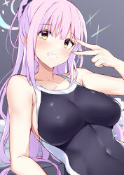 Rule 34 | 1girl, arm up, bare arms, bare shoulders, black one-piece swimsuit, blue archive, breasts, covered navel, grey background, grin, halo, highres, irohara, large breasts, long hair, looking at viewer, mika (blue archive), one-piece swimsuit, pink hair, ponytail, school swimsuit, simple background, smile, solo, swimsuit, trinity general school swimsuit, upper body, v over eye, very long hair, yellow eyes