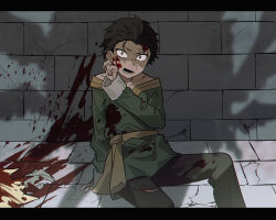 Rule 34 | 1boy, aged down, arm support, blood, blood on clothes, collarbone, commentary request, crack, cracked wall, cuts, green shirt, grey eyes, hand up, highres, injury, kiliko-san, letterboxed, long sleeves, looking at viewer, lower teeth only, natsuki subaru, off shoulder, open mouth, pants, re:zero kara hajimeru isekai seikatsu, shirt, short hair, sitting, solo, teeth, torn clothes, torn pants, torn shirt