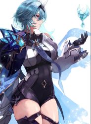 Rule 34 | 1girl, black bodysuit, black hairband, blue cape, blue gloves, blue hair, blue necktie, bodysuit, boots, breasts, butterfly hair ornament, cape, eula (genshin impact), frilled sleeves, frills, genshin impact, gloves, hair between eyes, hair ornament, hairband, high-waist shorts, ice, large breasts, medium hair, multicolored eyes, necktie, short shorts, shorts, takena-c, thick thighs, thigh boots, thigh strap, thighs, vision (genshin impact), white background, white sleeves