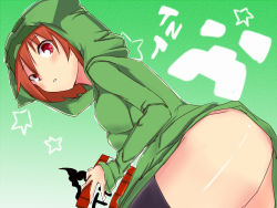 Rule 34 | 1girl, analog kenshi (moto), black thighhighs, blush, breasts, coat, creeparka, creeper, hood, hoodie, looking at viewer, minecraft, naked coat, naked hoodie, parted lips, personification, red eyes, red hair, short hair, simple background, solo, thighhighs