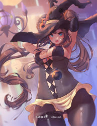 Rule 34 | 1girl, alternate costume, armpits, arms behind head, arms up, bad id, bad pixiv id, blue eyes, blurry, blurry background, bodysuit, breasts, brown hair, chandelure, cosplay, covered erect nipples, covered navel, cowboy shot, creatures (company), double bun, elbow gloves, floating hair, game freak, gen 5 pokemon, gen 7 pokemon, gloves, gluteal fold, hair bun, hair through headwear, halloween costume, hat, impossible hair, jewelry, long hair, looking at viewer, medium breasts, microskirt, mimikyu, mimikyu (cosplay), mitsu (mitsu art), nintendo, open mouth, pantyhose, patreon username, pendant, poke ball, pokemon, pokemon bw2, rosa (pokemon), sideboob, skirt, sleeveless, sleeveless bodysuit, solo focus, swimsuit, twintails, very long hair, watermark, witch hat, yellow skirt