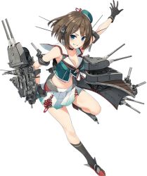 Rule 34 | 10s, 1girl, blue eyes, breasts, brown hair, cannon, choker, cleavage, gloves, hat, kantai collection, looking at viewer, maya (kancolle), maya kai ni (kancolle), navel, official art, parsley-f, school uniform, short hair, simple background, skirt, smile, socks, solo