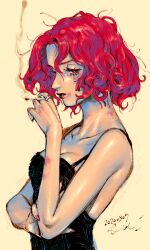 Rule 34 | 1girl, beth (veil), black bodysuit, bodysuit, bruise, cigarette, cream background, dated, injury, jewelry, kotteri, looking at viewer, loose hair strand, pink nails, profile, red eyes, red hair, red lips, ring, short hair, simple background, solo, upper body, veil (manga)