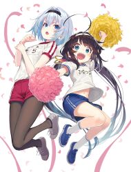 2girls ahoge angry black_hair blue_eyes blue_hair confetti cover gym_shirt gym_shorts gym_uniform hair_ornament hairband highres hinatsuru_ai holding japanese_text low_twintails multiple_girls name_tag navel novel_illustration official_art open_mouth pantyhose pom_pom_(cheerleading) ryuuou_no_oshigoto! shirabi shirt short_shorts shorts snowflake_hair_ornament sora_ginko twintails white_background