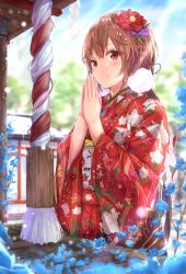 Rule 34 | 1girl, blue sky, blurry, blurry background, blush, brown hair, closed mouth, day, depth of field, floral print, flower, hair flower, hair ornament, japanese clothes, kimono, long hair, long sleeves, looking at viewer, na kyo, original, outdoors, ponytail, praying, print kimono, purple flower, red eyes, red flower, red kimono, shrine, shrine bell, sky, smile, solo, wide sleeves