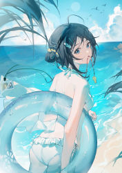 Rule 34 | 1girl, absurdres, ahoge, arknights, ass, bare shoulders, beach, bikini, bird, black hair, blue eyes, blue sky, breasts, celina, cloud, cowboy shot, day, frilled bikini, frills, from behind, hair bun, hair ornament, hairclip, highres, holding, holding clothes, holding jacket, horizon, id card, innertube, jacket, la pluma (arknights), la pluma (summer flowers) (arknights), looking at viewer, looking back, mouth hold, ocean, official alternate costume, outdoors, short hair, sideboob, single hair bun, single side bun, sky, small breasts, solo, swim ring, swimsuit, unworn jacket, water, whistle, whistle around neck, white bikini, wing hair ornament, x hair ornament