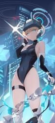 Rule 34 | 1girl, absurdres, black gloves, blonde hair, blue archive, blue halo, blue leotard, blunt bangs, breasts, building, commentary, commentary request, covered navel, elbow gloves, fingerless gloves, gloves, halo, highleg, highleg leotard, highres, leotard, looking at viewer, medium breasts, revision, short hair, solo, standing, sukaliya, thighs, toki (blue archive)