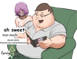 Rule 34 | 1boy, 1girl, absurdres, breasts, brown hair, chair, cleavage, cleft chin, collared shirt, double chin, english text, family guy, fat, fat man, fate/grand order, fate (series), glasses, hair over one eye, hetero, highres, kowai (iamkowai), large breasts, manga (object), mash kyrielight, on chair, peter griffin, purple eyes, reading, round eyewear, shirt, short hair, sitting, very short hair, white shirt