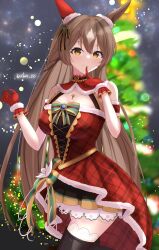 Rule 34 | 1girl, absurdres, animal ears, black thighhighs, blurry, blurry background, breasts, brown hair, capelet, christmas tree, cleavage, commentary request, cosplay, cowboy shot, daiwa scarlet (scarlet nuit etoile) (umamusume), daiwa scarlet (umamusume), daiwa scarlet (umamusume) (cosplay), dress, ear covers, finger to mouth, fur-trimmed dress, fur-trimmed gloves, fur trim, gloves, hair between eyes, highres, horse ears, large breasts, long hair, lryutanl, multicolored hair, ponytail, red dress, red gloves, satono diamond (umamusume), single ear cover, solo, streaked hair, thighhighs, twitter username, umamusume, very long hair, white hair, yellow eyes