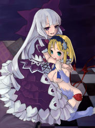 Rule 34 | 2girls, aqua eyes, asymmetrical sleeves, bad id, bad pixiv id, blonde hair, blue eyes, bow, breasts, checkered floor, demon girl, demon tail, doll, doll girl, doll joints, dress, drill hair, female focus, fur, hairband, hands on another&#039;s shoulders, headdress, highres, horns, hug, itokeito, joints, kneeling, large bow, lesser succubus, licking, licking arm, living doll (monster girl encyclopedia), lolita fashion, long hair, low wings, medium breasts, mismatched sleeves, monster girl, monster girl encyclopedia, multiple girls, nipples, nude, pointy ears, purple eyes, short hair, silver hair, tail, tongue, very long hair, wings