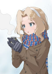 1girl absurdres alternate_costume black_gloves blonde_hair blue_eyes boss_coffee breath brown_jacket buttons can canned_coffee double-breasted drink_can earmuffs enpera girls_und_panzer gloves highres holding holding_can jacket kay_(girls_und_panzer) long_sleeves open_mouth plaid_clothes plaid_scarf qgkmn541 scar scarf short_hair simple_background solo suntory upper_body white_background