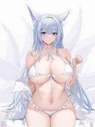 Rule 34 | 1girl, animal ear fluff, animal ears, azur lane, baige0, bare shoulders, bikini, blue eyes, blue hair, blue nails, blush, breasts, chinese commentary, cleavage, closed mouth, commentary request, cowboy shot, fox ears, fox girl, fox tail, large breasts, light blue hair, long hair, long sleeves, multiple tails, nail polish, official alternate costume, open clothes, open shirt, shinano (azur lane), shinano (dreamy white sands) (azur lane), shirt, solo, swimsuit, tail, thighs, underboob, white bikini, white shirt