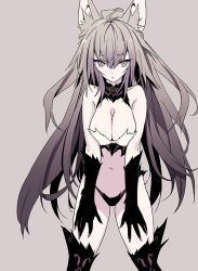 Rule 34 | 1girl, :o, ahoge, animal ears, atalanta (fate), atalanta alter (fate), bare shoulders, black gloves, black thighhighs, blade (galaxist), breasts, brown background, brown eyes, brown hair, cleavage, commentary request, elbow gloves, fate (series), fingernails, gloves, gradient background, hair between eyes, large breasts, long fingernails, long hair, looking at viewer, navel, parted lips, revealing clothes, solo, thighhighs, very long hair