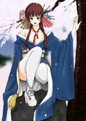 Rule 34 | bare shoulders, brown eyes, brown hair, cherry blossoms, dead or alive, hybrid cat, japanese clothes, kasumi (doa), kimono, long hair, obi, sash, solo, tecmo, thighhighs