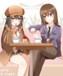 Rule 34 | 2girls, :o, absurdres, black hair, black legwear, black necktie, black skirt, blue jacket, blush, brown coat, brown hair, brown headwear, cake, cake slice, ceiling fan, closed mouth, coat, collared shirt, commentary request, couch, crossed legs, cup, deerstalker, detective, diagonal-striped clothes, diagonal-striped necktie, diagonal-striped neckwear, english text, food, fork, green eyes, hair between eyes, hat, heart, highres, holding, holding fork, indoors, jacket, long hair, long sleeves, multiple girls, necktie, non (wednesday-classic), on couch, open clothes, open coat, open mouth, original, pantyhose, plaid headwear, police, police uniform, policewoman, purple eyes, shirt, sitting, skirt, sleeves past wrists, smile, steam, striped clothes, striped neckwear, uniform, very long hair, white shirt