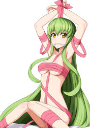 Rule 34 | 1girl, absurdly long hair, bad id, bad pixiv id, bdsm, bondage, bound, breasts, c.c., cleavage, code geass, collarbone, covered erect nipples, fedsnk, green hair, hair between eyes, highres, long hair, naked ribbon, pink ribbon, ribbon, simple background, sitting, solo, underboob, very long hair, white background, yellow eyes